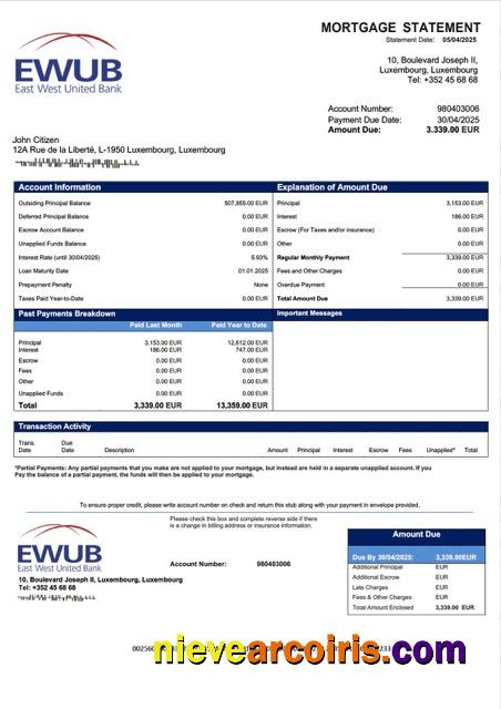 Luxembourg East-West United Bank mortgage statement Word and PDF template